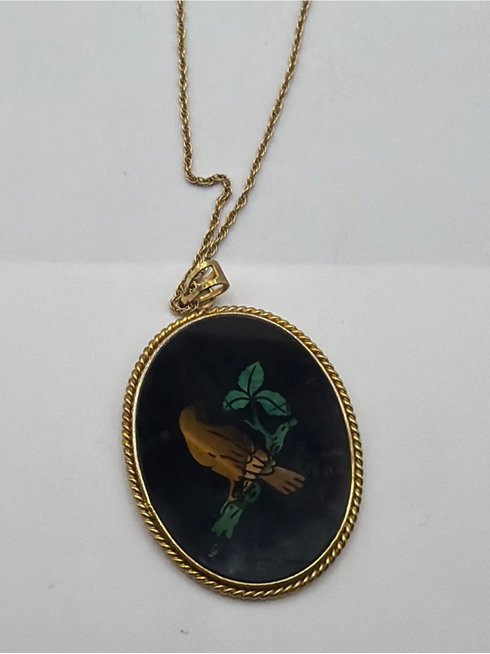 Vintage gold Filled onyx Glass opal inlay bird Oval pendant necklace